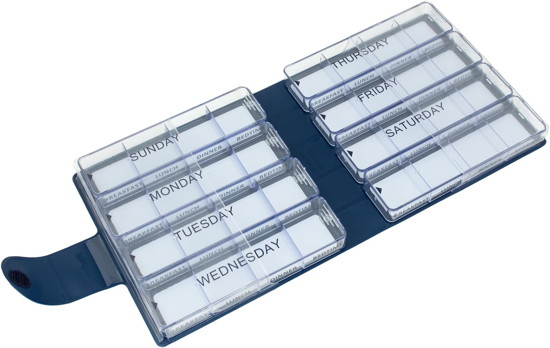Pill Organiser 7 Day | 1 Large Pill Box for Each Day of The Week +1 Extra | 4 Compartments: “Breakfast, Lunch, Dinner, Bedtime” | Vinyl Case in Blue