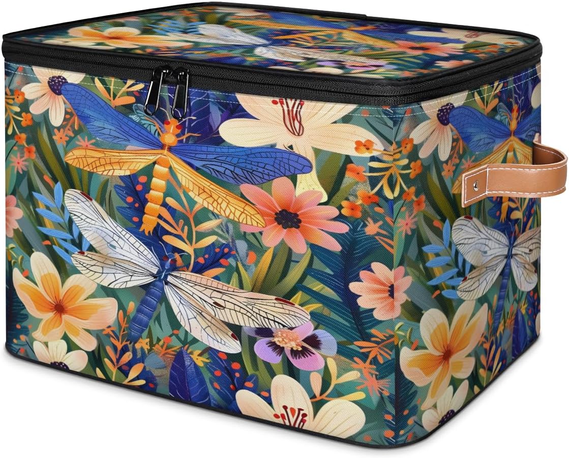 Storage Bin Dragonfly Florals Storage Baskets with Zipper Lid & Handle Foldable Closet Shelf Cloth Organizer Basket Cube Bins Clothes Organizer for Nursery, Bedroom