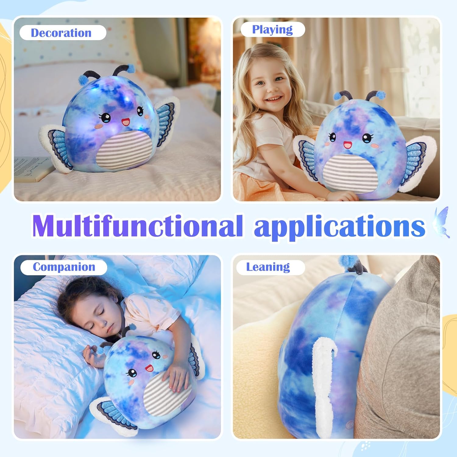 Houwsbaby 12” Blue Light Up Butterfly Plush Pillow with LED Blue Butterfly Stuffed Animal Plush Toy Plushie Toy Squishy Pillow Birthday Christmas Valentine Presents for Kids Boys Girls