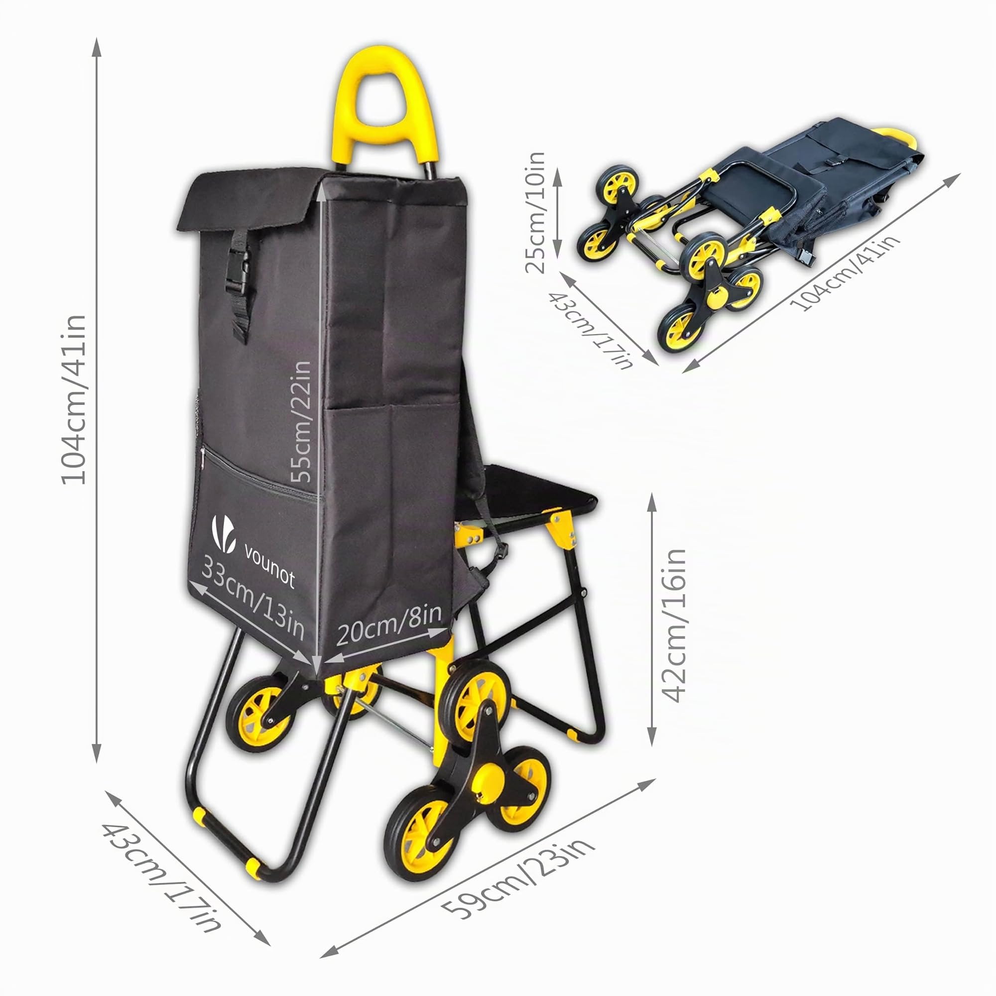 VOUNOT Einkaufstrolley Treppensteiger mit Kühlfach und Klappsitz, Einkaufswagen Klappbar mit 3 Räder, 40 L, 104 * 59 * 43cm