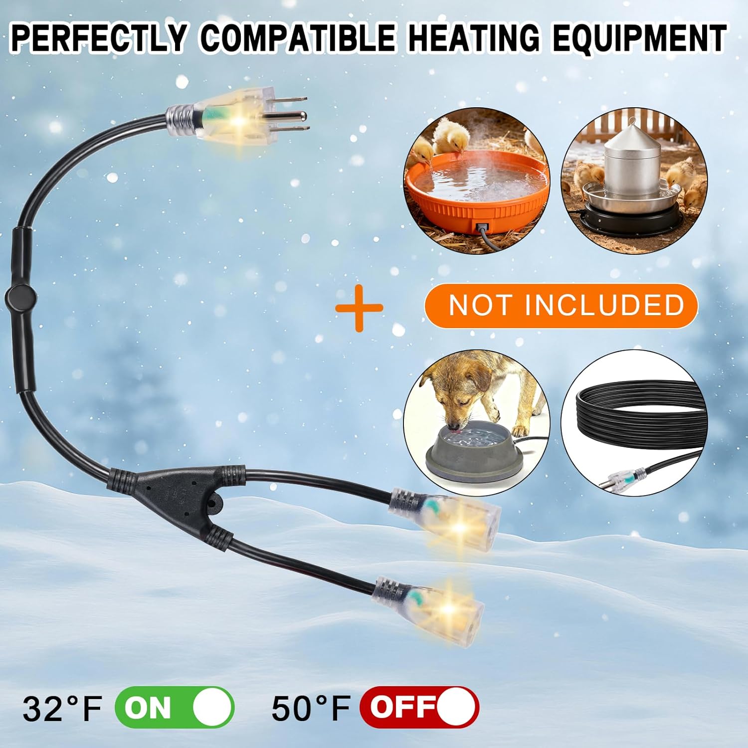 2 Plug Cold Thermostat Controlled Extension Cord,32° F(0 Degree) Auto On/50° F(10 Degree) Thermostat Controlled Outlet for Heat Cable Controller,Compatible with Any Outdoor Thermostat Plug Outlet