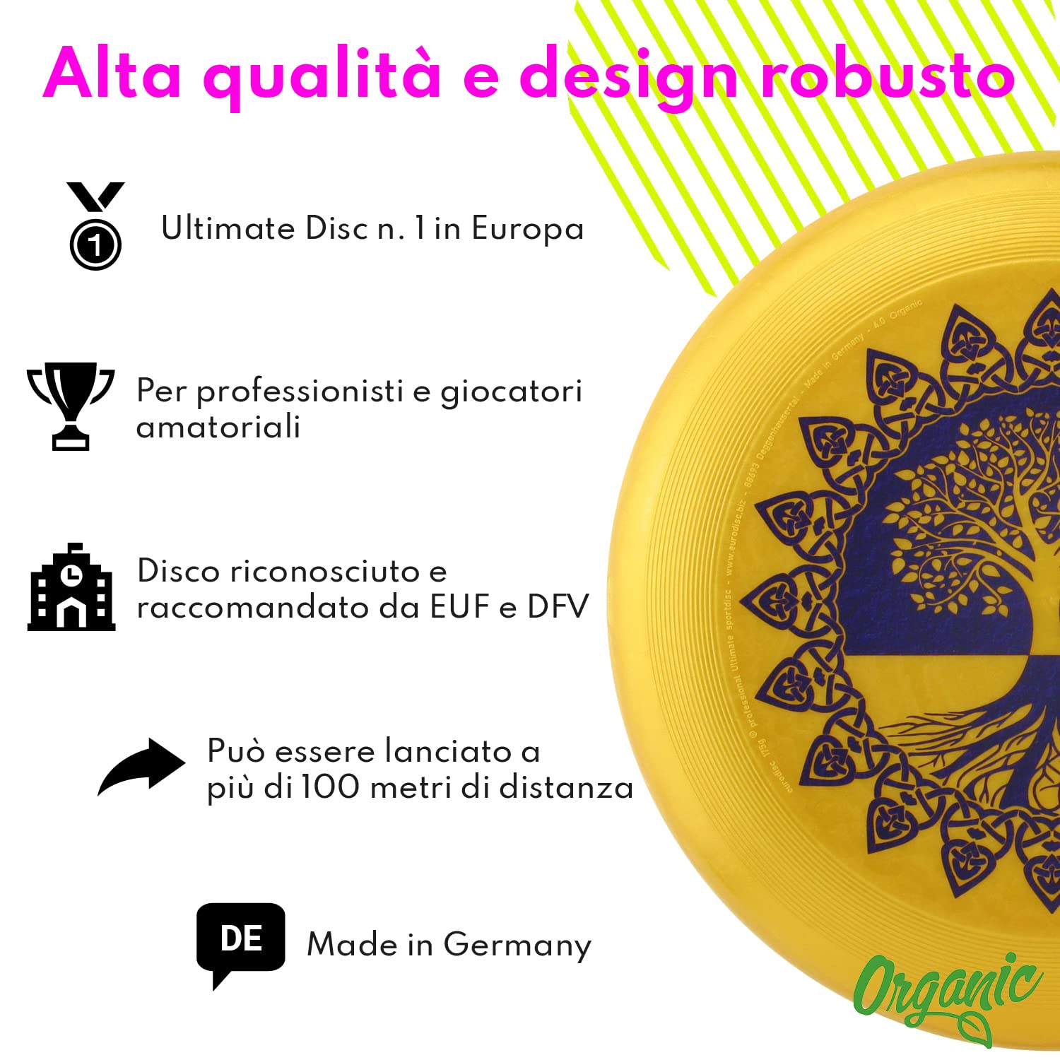 eurodisc Disco da 175 g Gold Professional Ultimate Frisbee – oltre 100 m di traiettoria stabile – Realizzato in 100% materie prime rinnovabili – motivo Tree of Life – regalo per ragazzi 8 anni