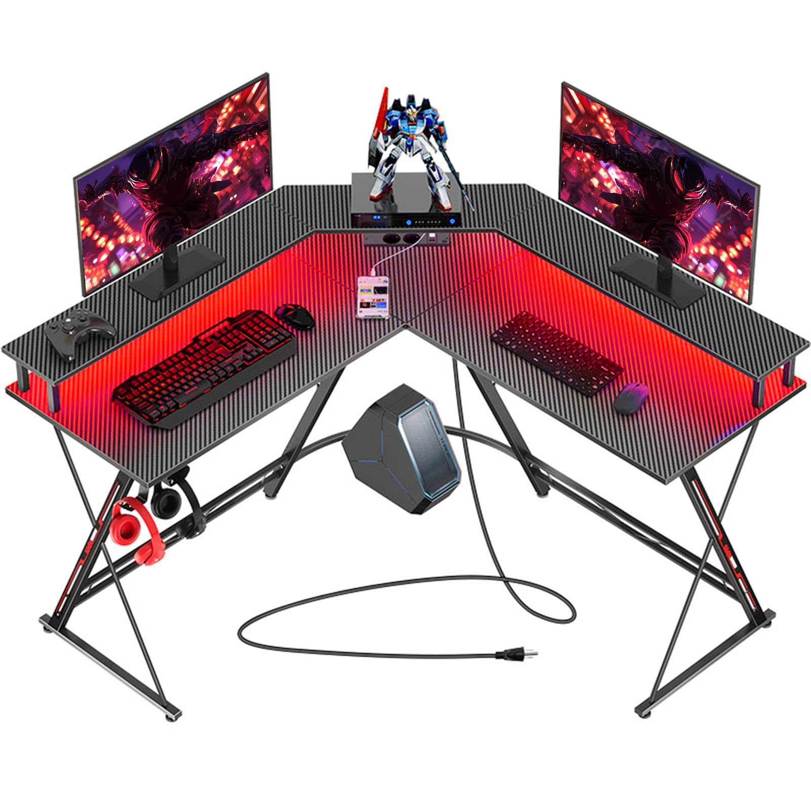 Seven Warrior Mesa Escritorio Esquina, 127x127cm Mesa Gaming Led con Soporte para Monitor, 2 Tomas de Corriente y 2 Puertos de Carga USB, 2 Ganchos, Escritorio Forma l, Superficie de Fibra de Carbono