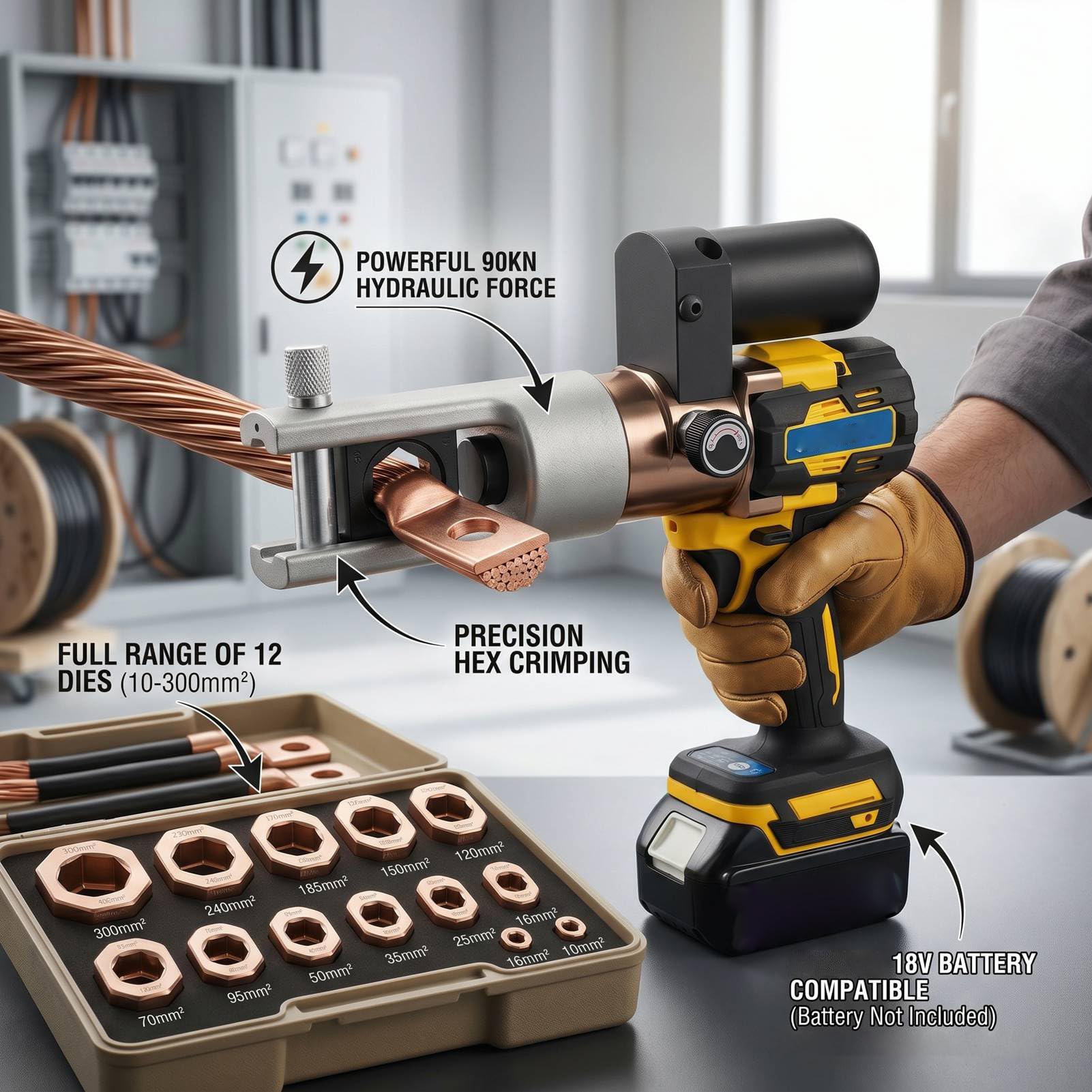 ViaGasaFamido Elektryczne Hydrauliczne Narzędzie do Zaciskania Zaciskarka do Końcówek Kablowych Zaciskarka Kabli Hydraulicznych Zasilany z Baterii 90KN Akumulatora 18V