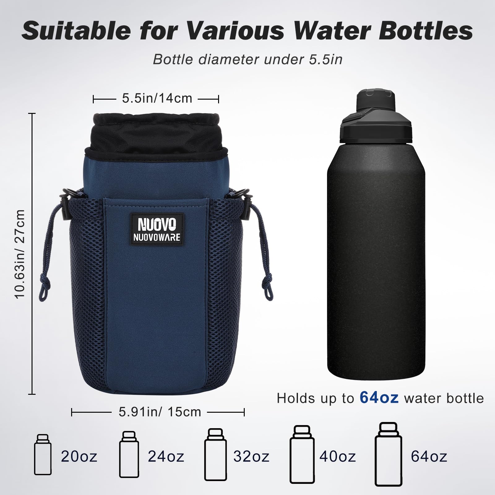 Nuovoware Water Bottle Carrier Bag, 64OZ Insulated Water Bottle Holder with Strap 4 Pockets, Water Bottle Carrier Sling Bag for Walking Hiking Camping Fishing Sport, Blue