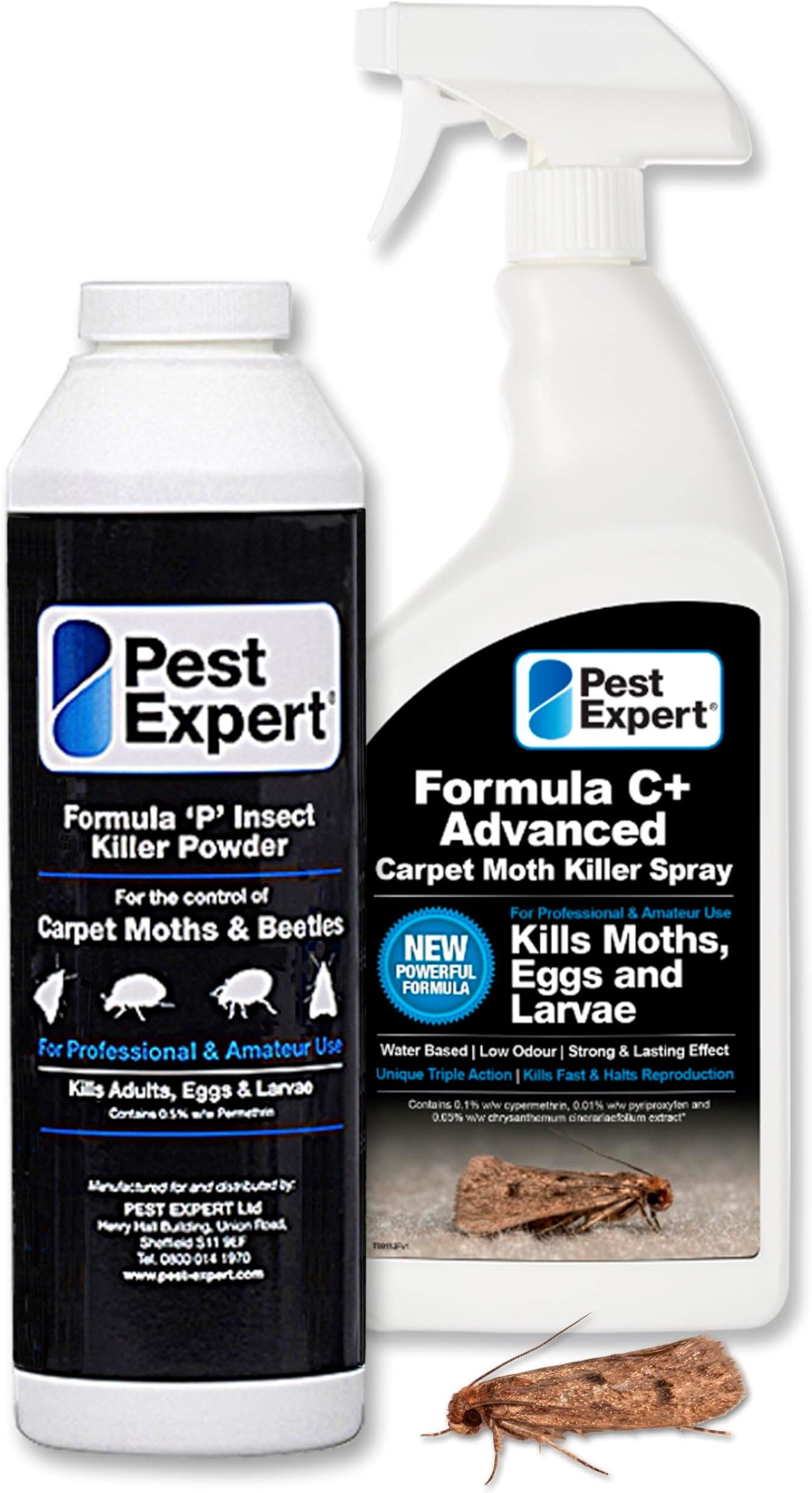 Pest Expert Formula C+ Carpet Moth Killer Spray Treatment 1ltr & Moth Killer Powder 300g - Fast Acting & Long-Lasting Control for Moths, Eggs & Larvae - Professional Strength Approved for Amateur Use