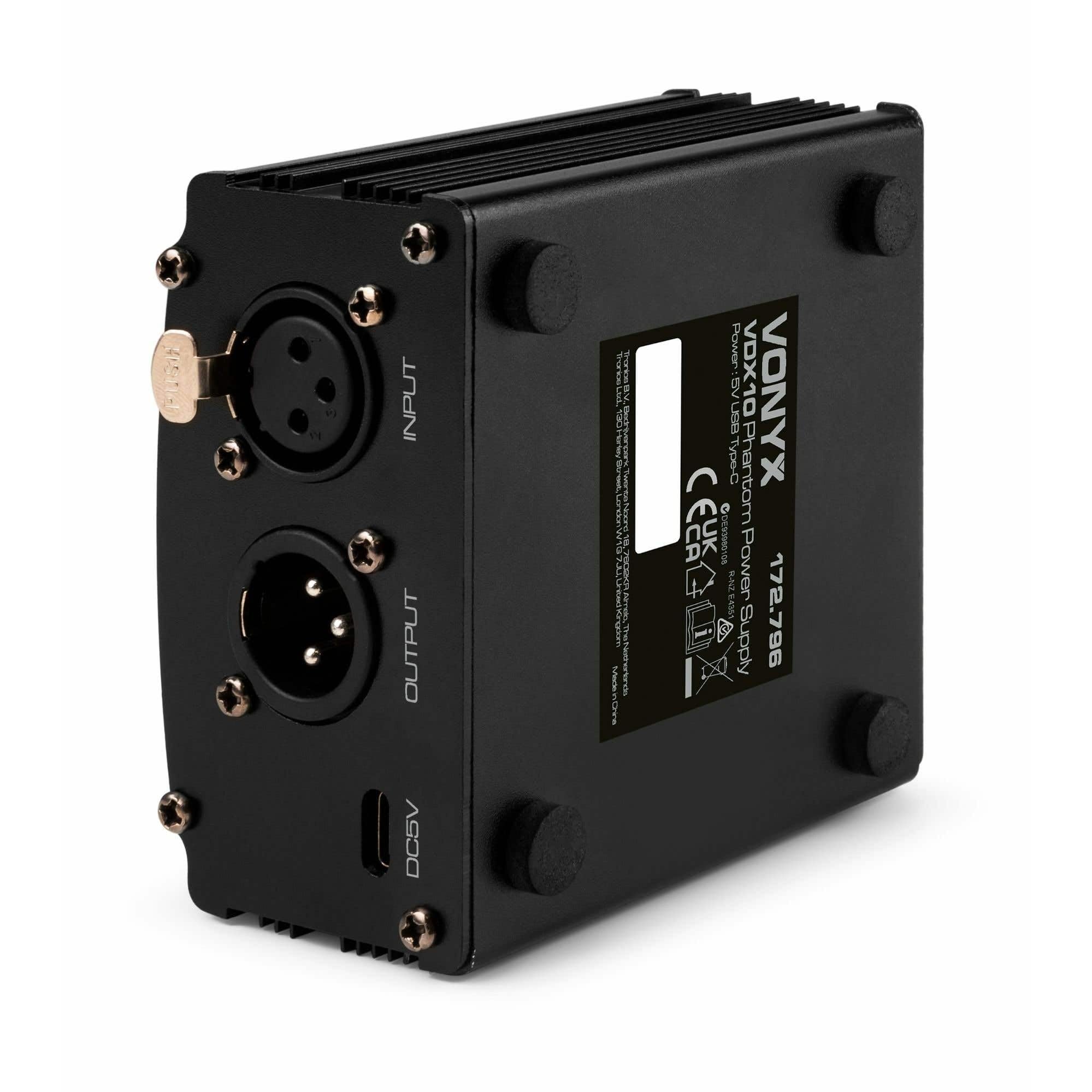 Vonyx VDX10 - Fuente de alimentación Phantom de 48 V para micrófono de Condensador, alimentación por USB-C, Entrada y Salida XLR balanceadas, compatibilidad Universal, Color Negro