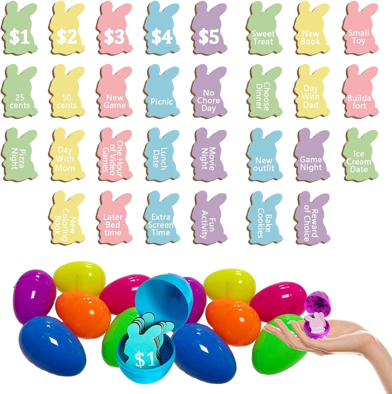 60Pcs Easter Egg Tokens Set,30pcs Bunny Shape Wooden Easter Eggs Fillers with 30pcs Plastic Colorful Easter Egg,Easter Egg Tokens,Easter Party Favors Easter Gift for Easter Basket Stuffers Gifts