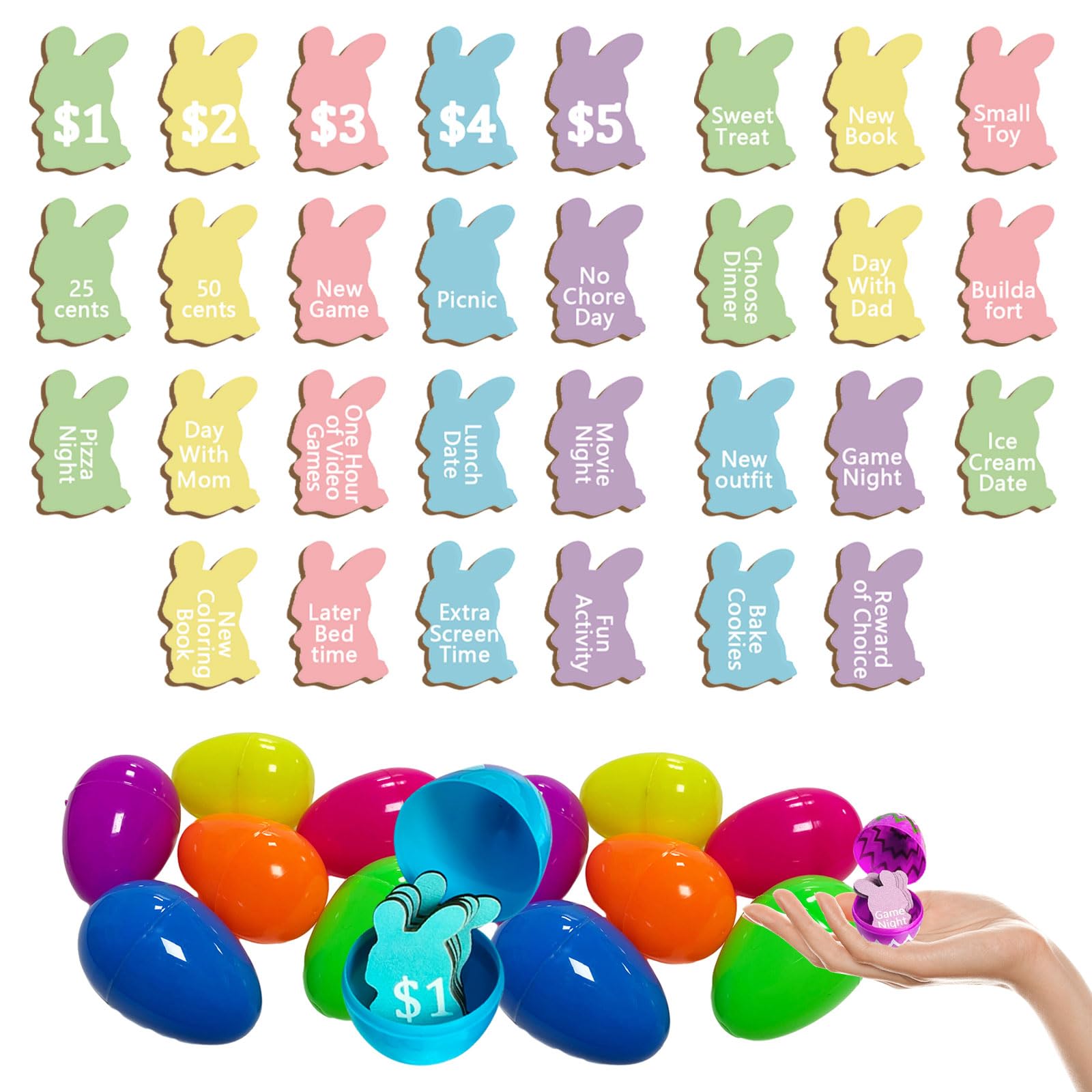 60Pcs Easter Egg Tokens Set,30pcs Bunny Shape Wooden Easter Eggs Fillers with 30pcs Plastic Colorful Easter Egg,Easter Egg Tokens,Easter Party Favors Easter Gift for Easter Basket Stuffers Gifts