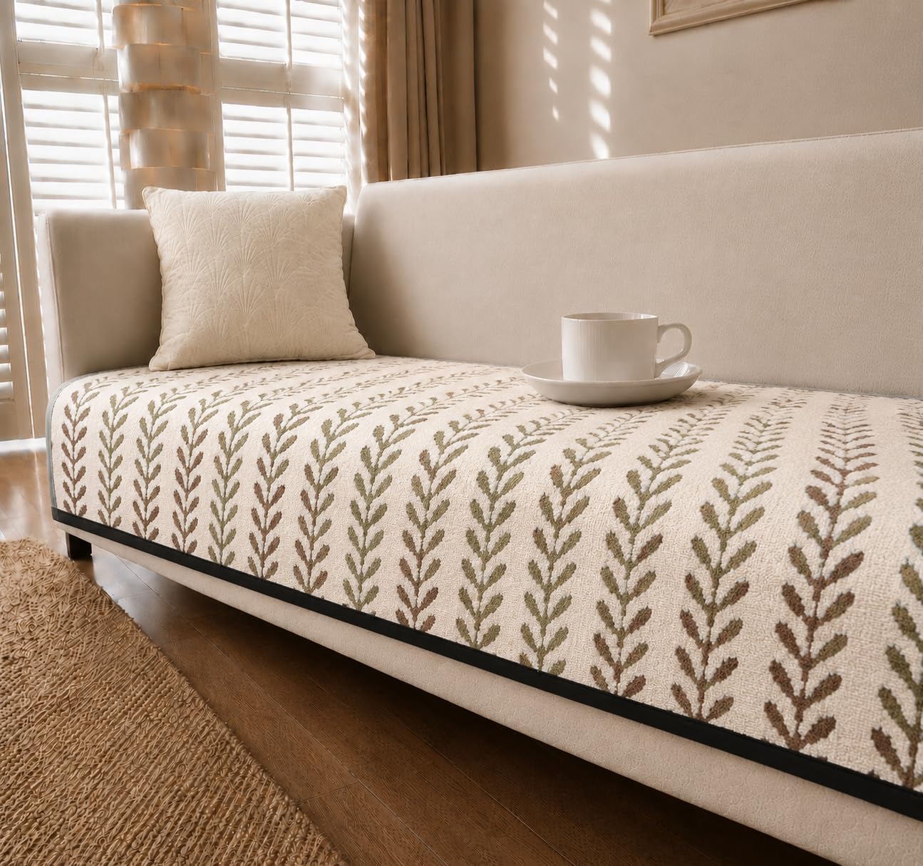 Cortina Premium Leaf Print Plush Style Anti Slip 3 Seater Sofa Cover Mat with PVC Backing for Non-Slip (Brown, 70X180 CM)-image-38