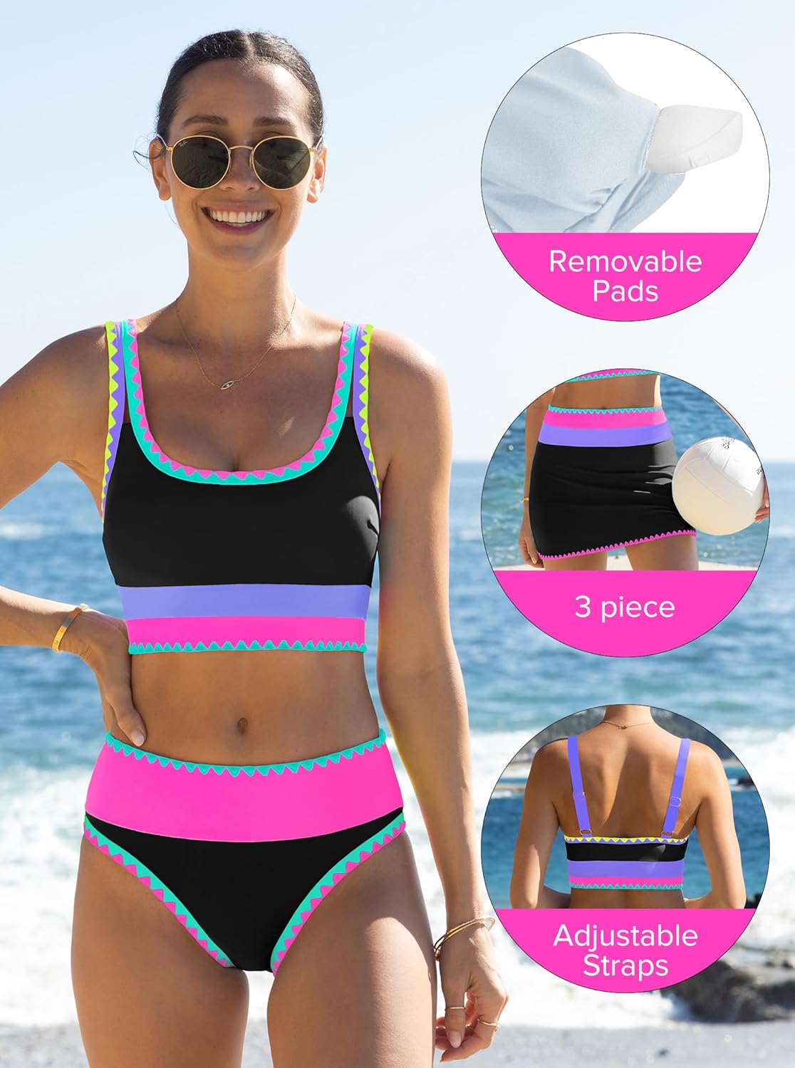 popvil High Waisted Bikini Sets for Women Tummy Control Swimsuits 3 Piece Bathing Suits Neon Swimwear with Skirt 2026