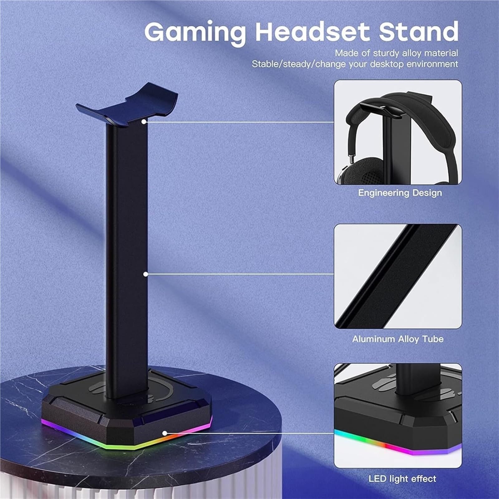 Gaming Accessori Supporto per Cuffie con Singola Luce RGB Rotante per Cuffie da Gioco per PC da Scrivania, Lega di Alluminio Stand Over-Ear da Gioco(White)