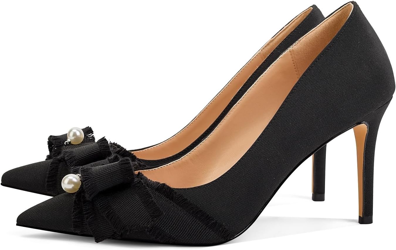 Bowknot Women Pumps Low Heels Dress Shoes,Comfortable Pointed Toe Kitten Heels,3 Inch Office Shoes,BLK 8.5
