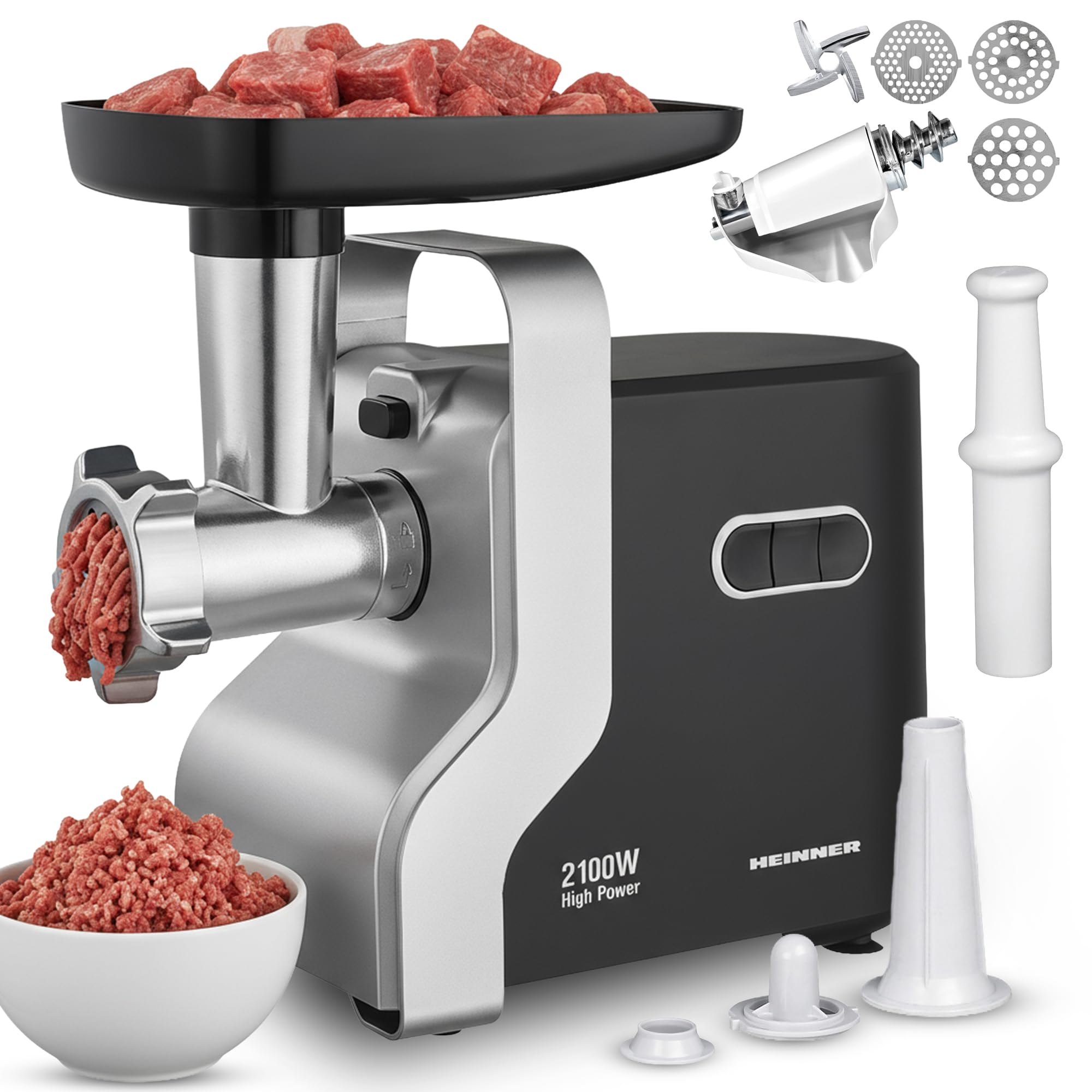 MG-2100BKSL 2100W Elektrischer Fleischwolf, schwarz/silber - 1,8 kg/min, 3 Edelstahlklingen, Tomaten- & Wurstaufsätze, Umkehrfunktion, 3 Jahre Garantie (Schwarz/Silber)