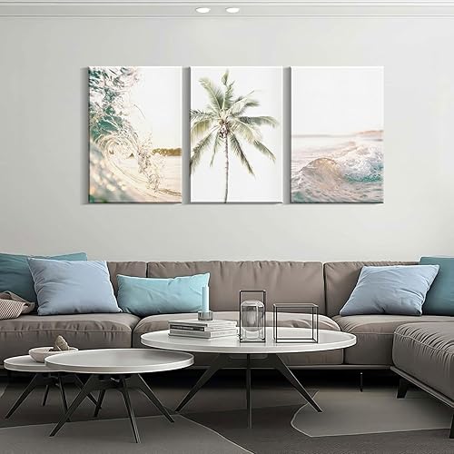 Miniatura 5 de 3 piezas enmarcadas de playa, olas del océano y palmeras, paisaje marino costero, decoración de pared, lienzo impreso, póster para galería,
