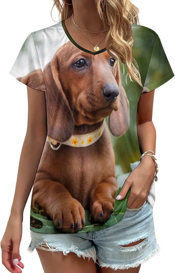 Amazon Co Jp 半袖 Tシャツ レディース トップス カットソー Vネック 可愛いダックスフントの子犬 プリント ストレッチ 吸汗速乾 Uv カット カジュアル きれいめ シンプル 薄手 おしゃれ 春 夏 秋 冬 大きいサイズ S 5xl ファッション