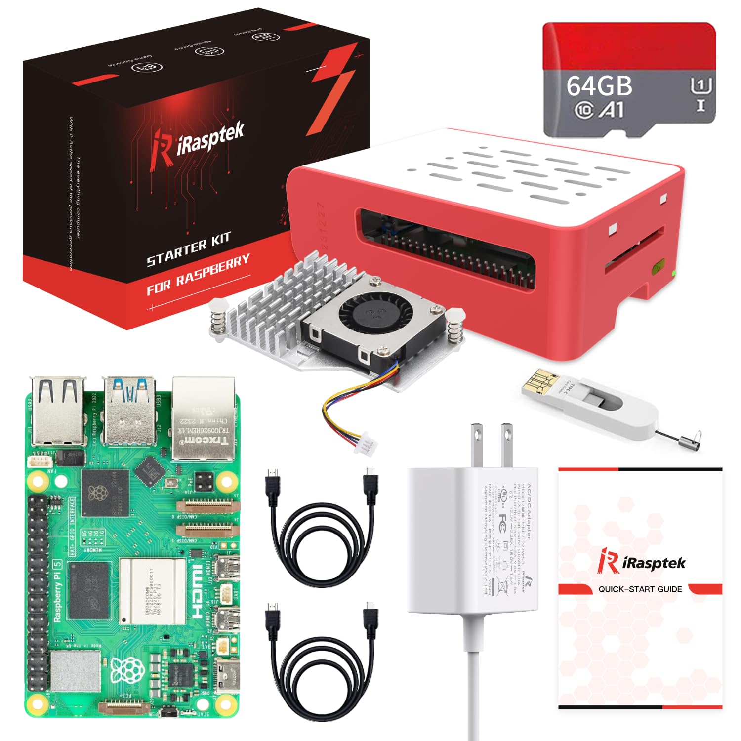 iRasptek Starter Kit for Raspberry Pi 5 RAM 8GB - Pre-Loaded with 64GB Edition The of OS-Bookworm（Red&White Case）