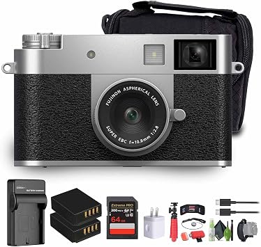 FUJIFILM X Half Premium Compact Digital Camera Silver Bundle with Extra Battery and Charger + Carrying Case + 64GB Memory Card + Cleaning Kit + Flexible Tripod + More
