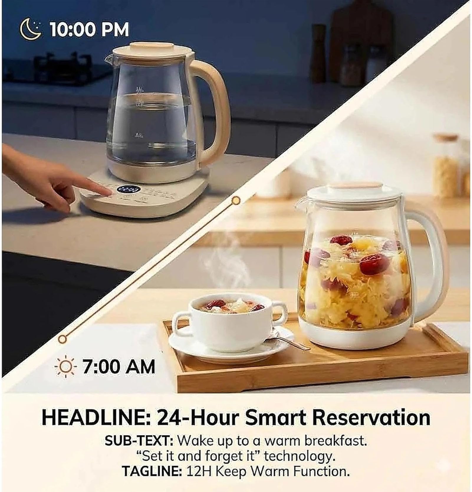 Hervidor eléctrico inteligente de 1,8 L y hervidor de vidrio - Cafetera multifuncional para preparar té, sopas y gachas en casa o en residencias estudiantiles - Control de temperatura variable, t