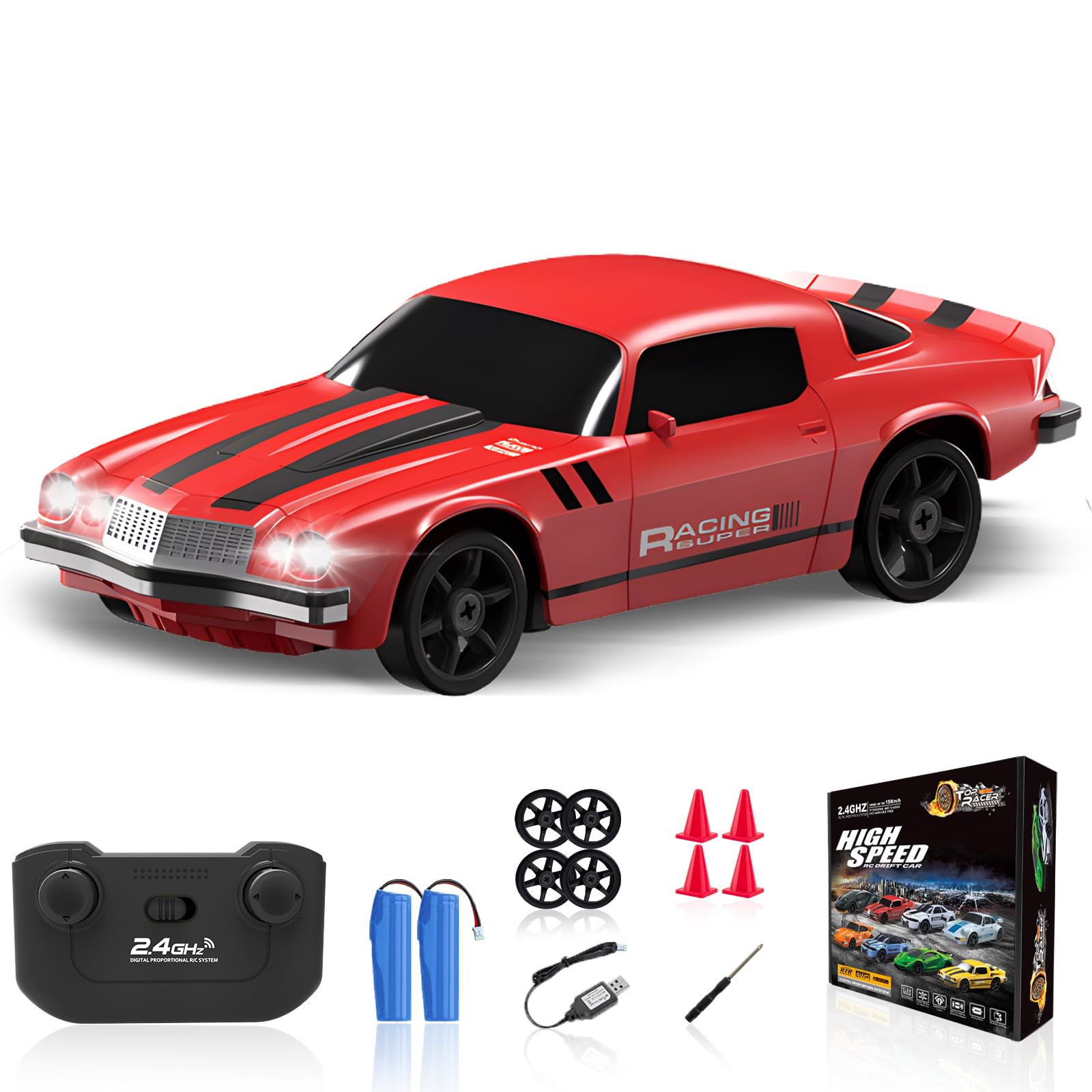 YUAN PLANRC Drift Car, 1/24 2.4GHz Remote Control Car 4WD High Speed Drifting RC Cars with LED Light, Two Rechargeable Batteries and Drift Tires for Kids Boys Girls and Adults, Red