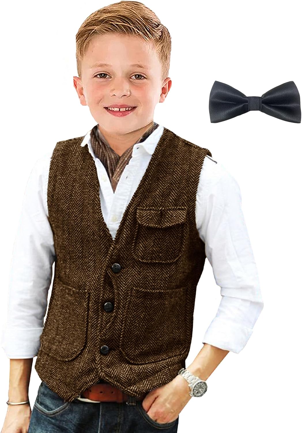 Retro Boys Tweed Vest Western Waistcoat Classic Sleeveless Jacket