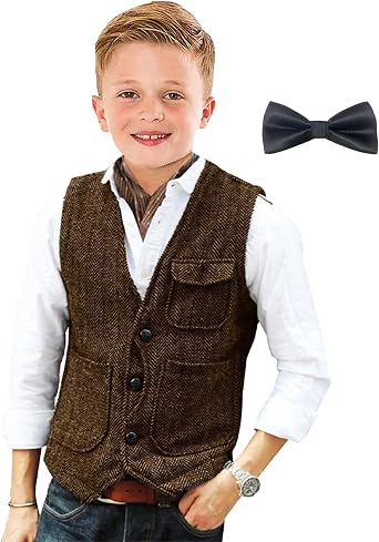 Retro Boys Tweed Vest Western Waistcoat Classic Sleeveless Jacket