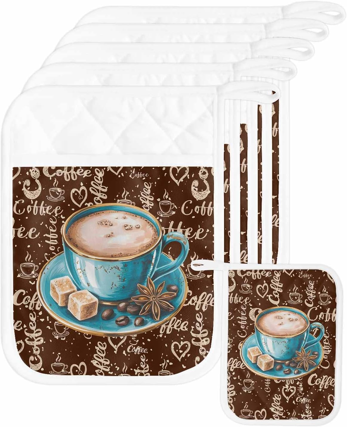 Pot Holders with Pockets, Heat-Resistant Hot Pads for Kitchen, Retro Style Coffee and Candy Heart Doodle Oven Mitts Pot Holders Sets Potholders for Baking Cooking Pack of 5
