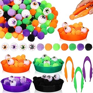124 Pcs Halloween Fine Motor Skills Sensory Bin Filler Include 105 Small Pom Pom 12 Eyeball Decor 4 Plastic Paint Bowl 3 Tweezer for Sorting Counting Preschool Early Education Training Development