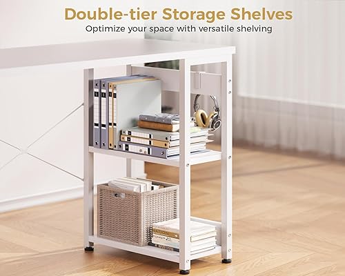 Miniatura 5 de ODK - Escritorio pequeño de 40 pulgadas, color blanco, con 4 cajones de tela, escritorio moderno para oficina en casa, para juegos y estudio con