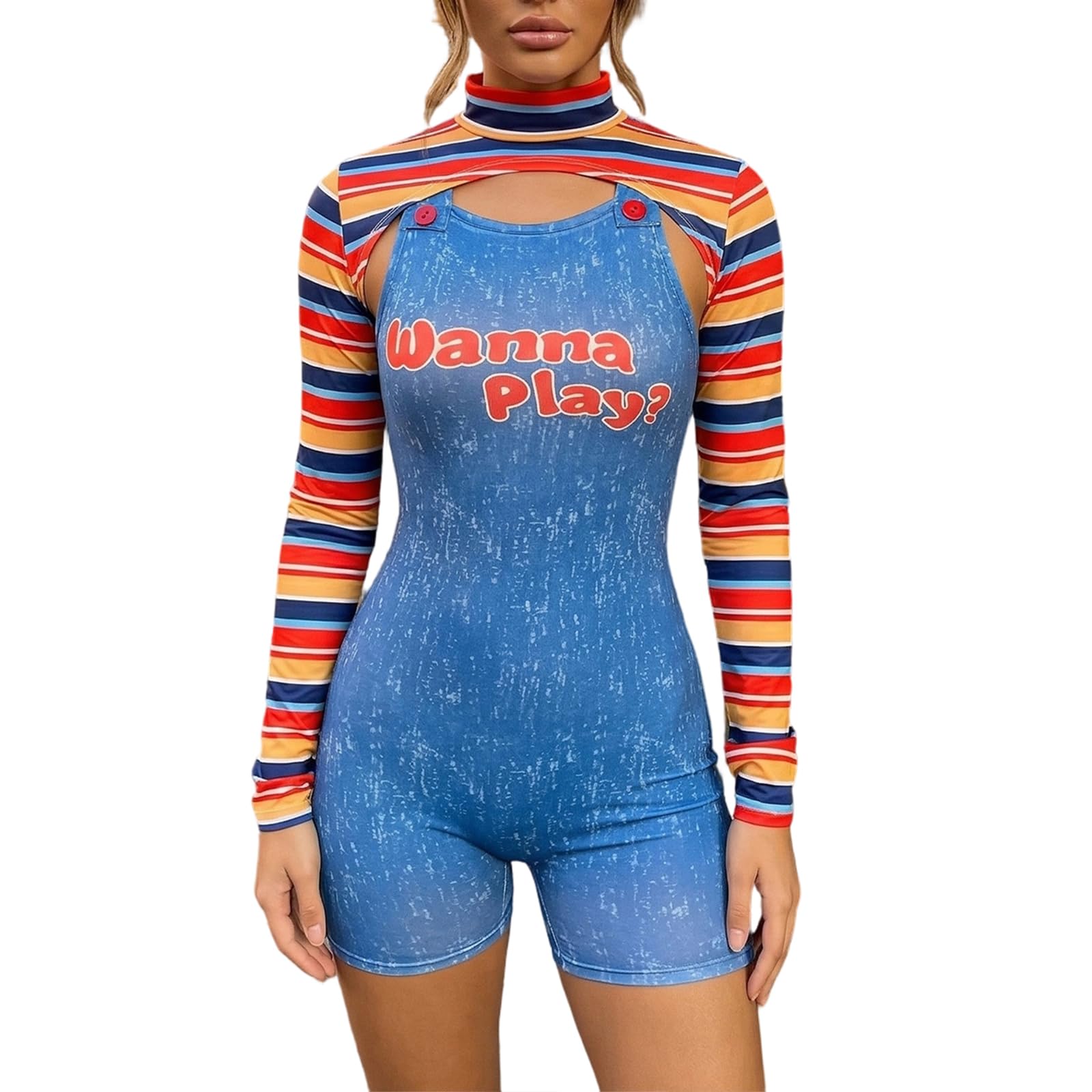 Feclmiyt Women's Halloween Killer Doll Costume Striped Long Sleeve Front Hollow Slim Short Tops+Bib Shorts Nightmare Killer Doll Romper Costume (Blue, L) — image 1
