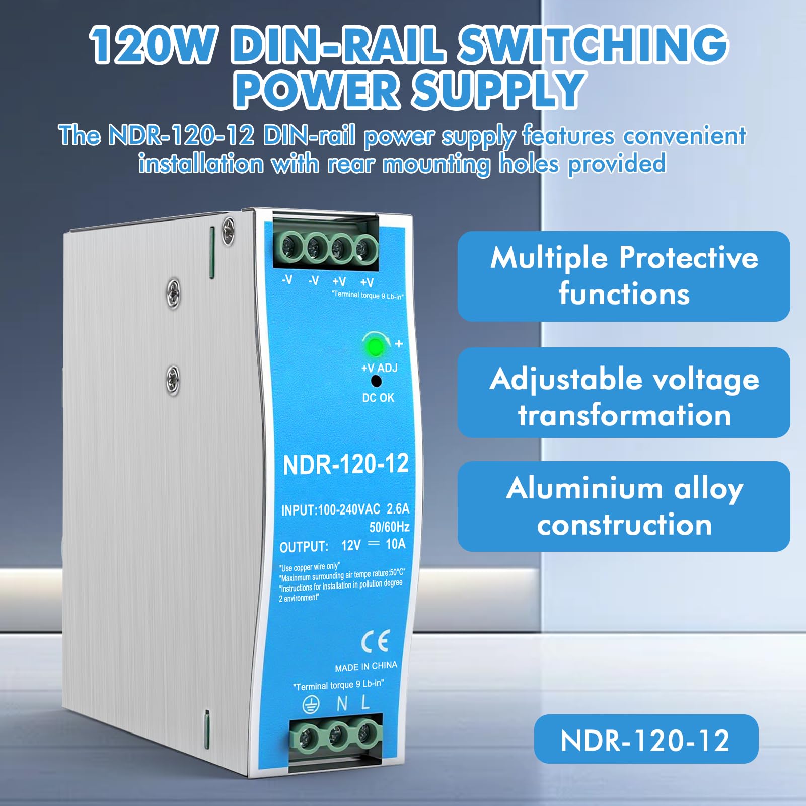 Alimentation sur rail din 12V 10A 120W bloc d'alimentation pour rail din transformateur Entrée AC100-240V 2.6A sortie DC 12V 10A alimentation à découpage industrielle NDR-120-12