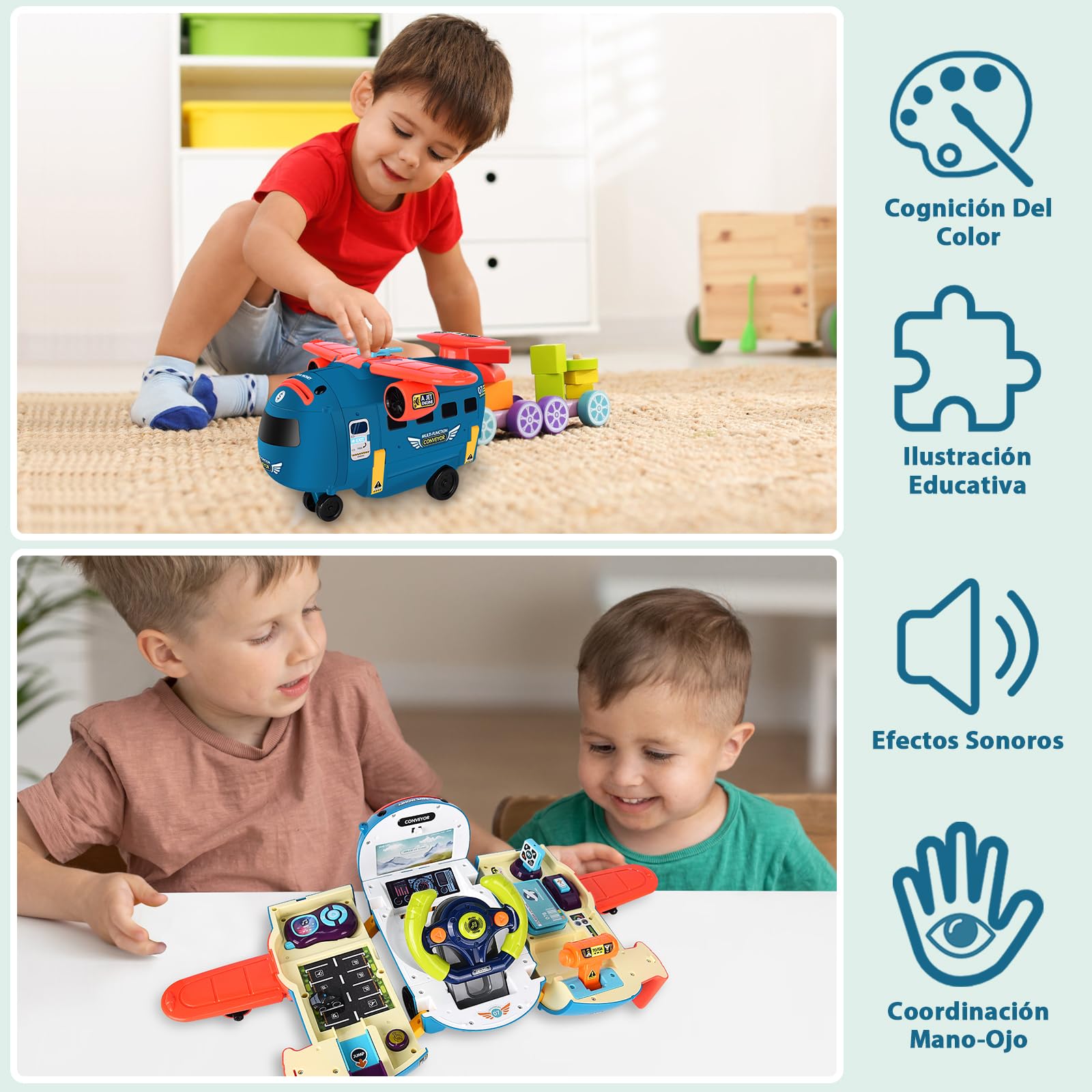 JONRRYIN Avion Juguete para Niños, 3 en 1 Volante Juguete con Luces LED y Sonidos, Hucha, Avión Coche Juguete Regalo para Niños 3 4 5 Años (Azul)