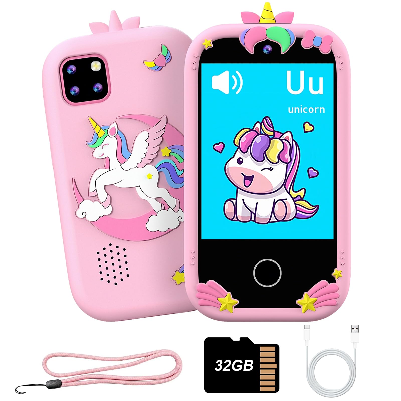 3T6B Smartphone Niños, Teléfono Móvil para Niños con Doble Cámara, Pantalla táctil de 2,8 Pulgadas, Música y Juegos, Tarjeta SD de 32 GB, Cumpleaños para Niñas y Niños de 3-10 Años