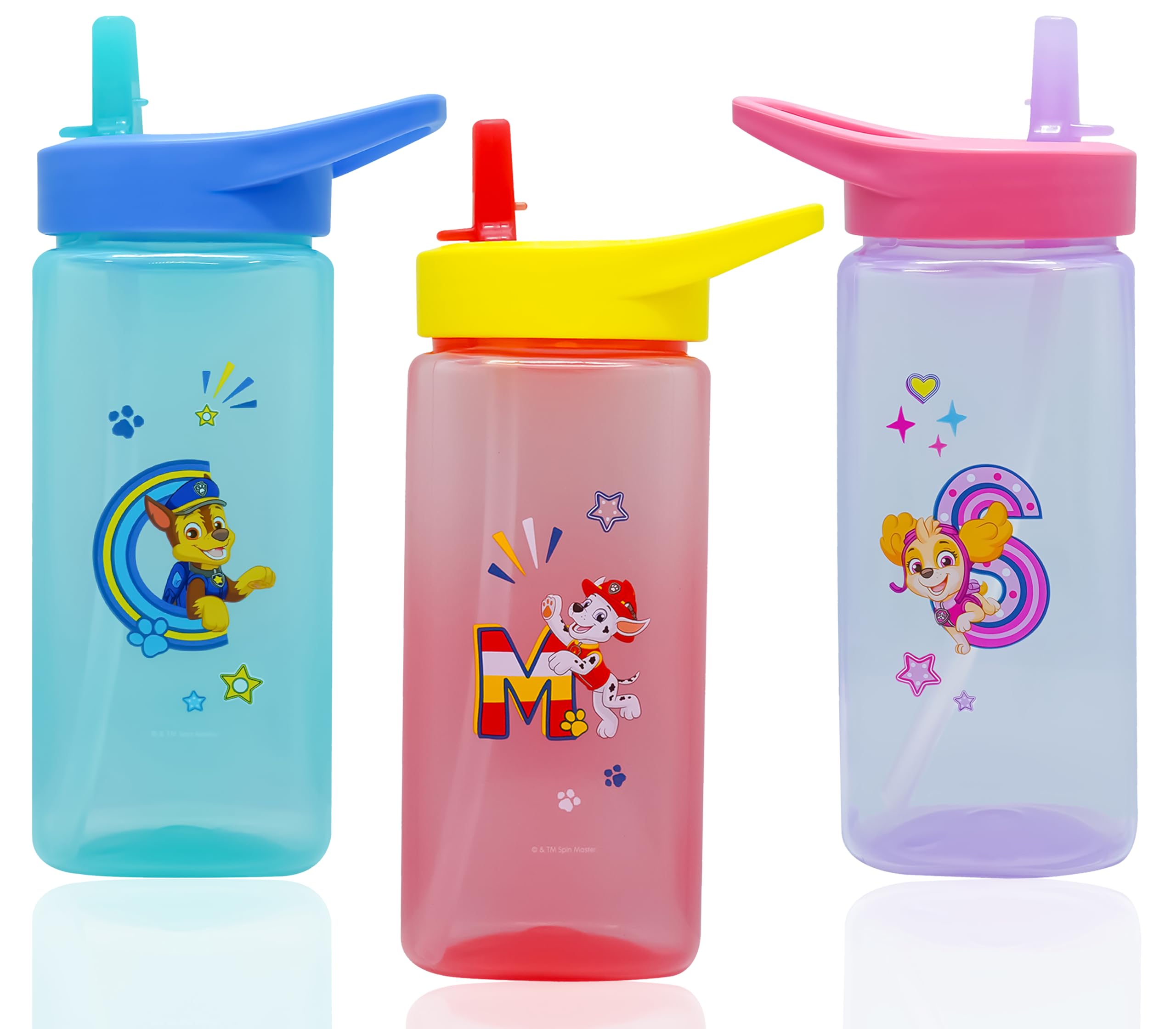 Hovuk Chase, Skye & Marshall 3Pcs Paw Patrol Straw Sippers, Blue, Purple And Red 420Ml Plastic Water Bottles With Silicone Pop-Up Straw Bpa-Free For Kids 6+ Months