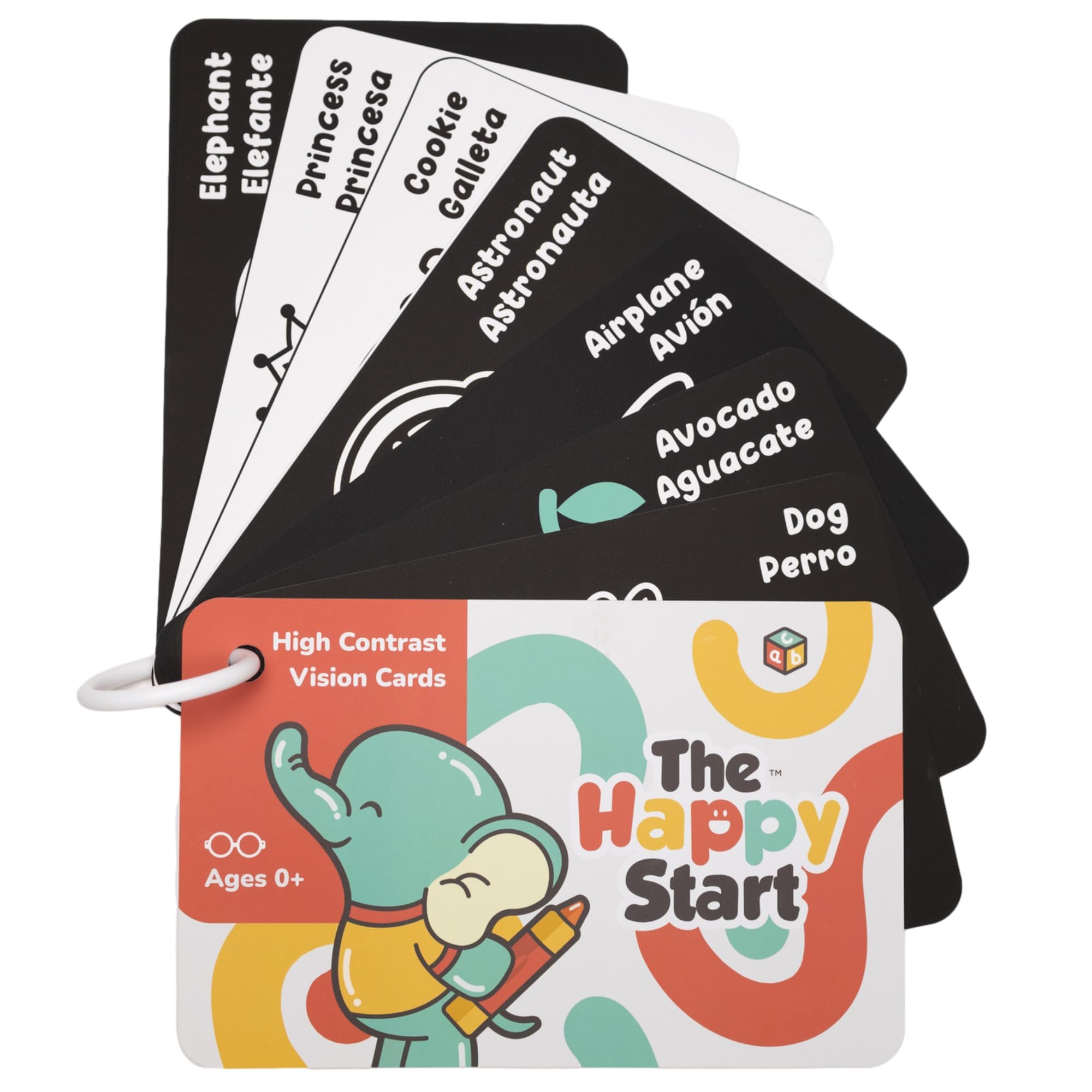 Happy Start High Contrast Baby Cards - Water Resistant High Contrast Baby Vision Cards Tummy Time Toys - Diaper Bag Ready Black and White Baby Toys, Newborn Toys for Ages 0+ (English & Español)