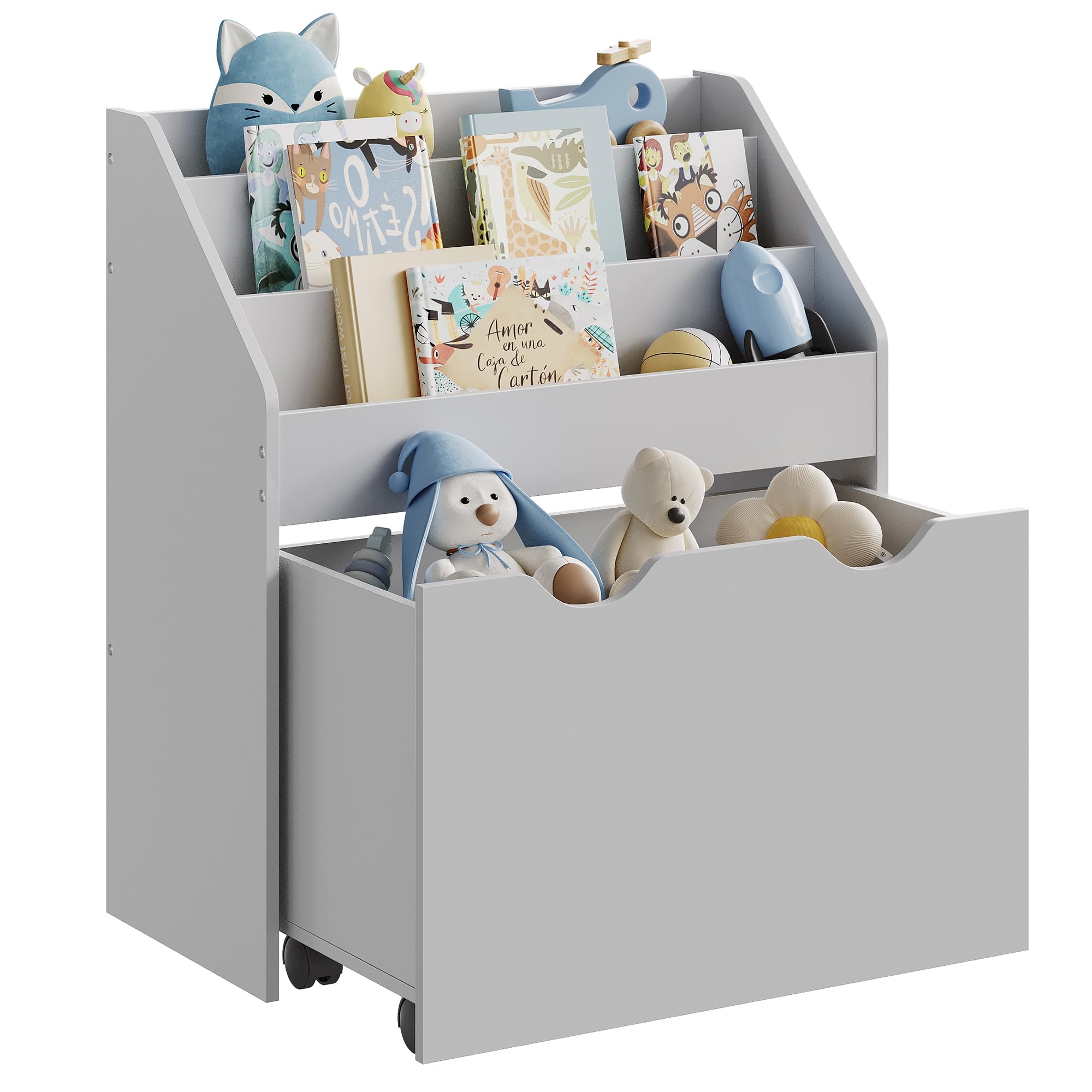 SONGMICS Scaffale per Giocattoli, Libreria per Bambini a 3 Scomparti, Contenitore Portagiochi Estraibile con Ruote, Multiuso, per Cameretta e Stanza dei Giochi, Grigio Tortora GKR041G10