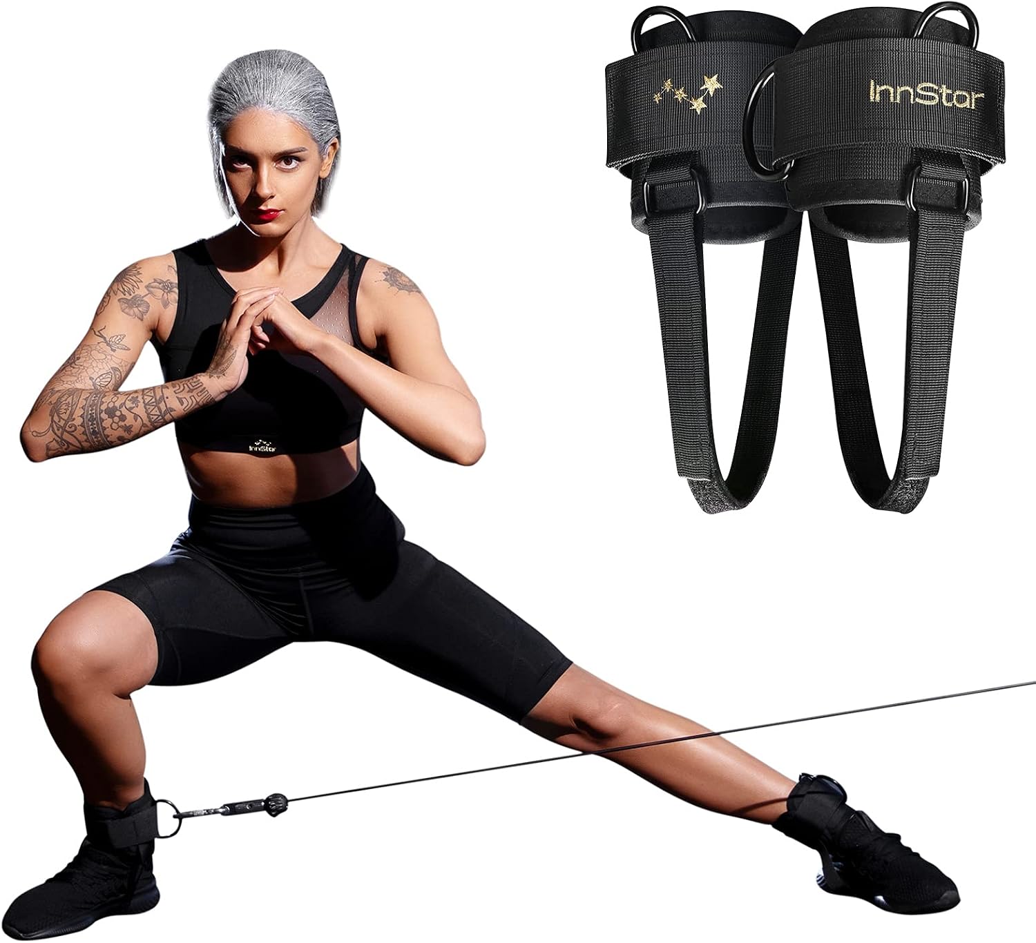 INNSTAR Adjustable Ankle Strap for Cable Machines, Rotateble D-Ring for Glute & Leg Workouts