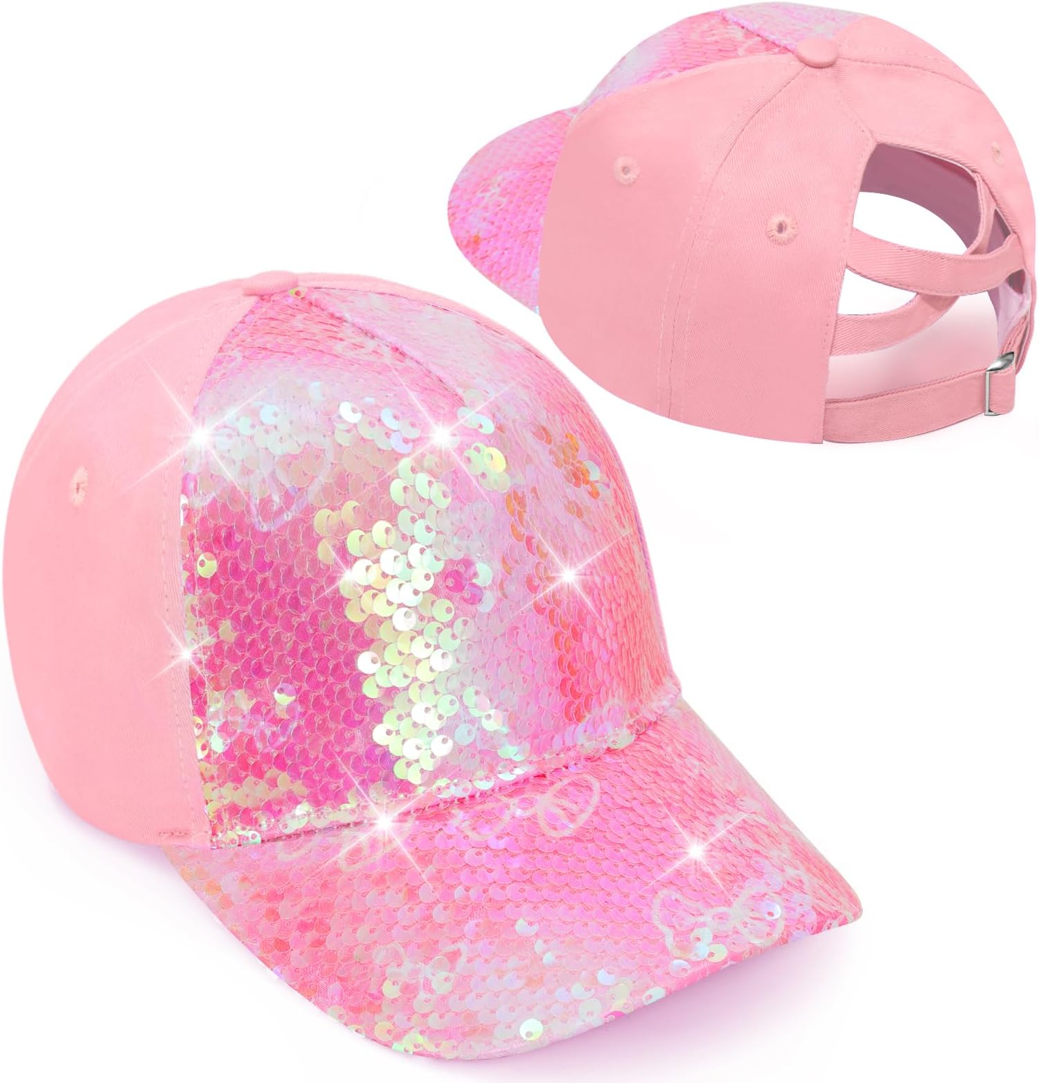 Girls Glitter Baseball Cap Kids Ponytail Hat Adjustable Summer Mesh Trucker Hats for 4-12 Years