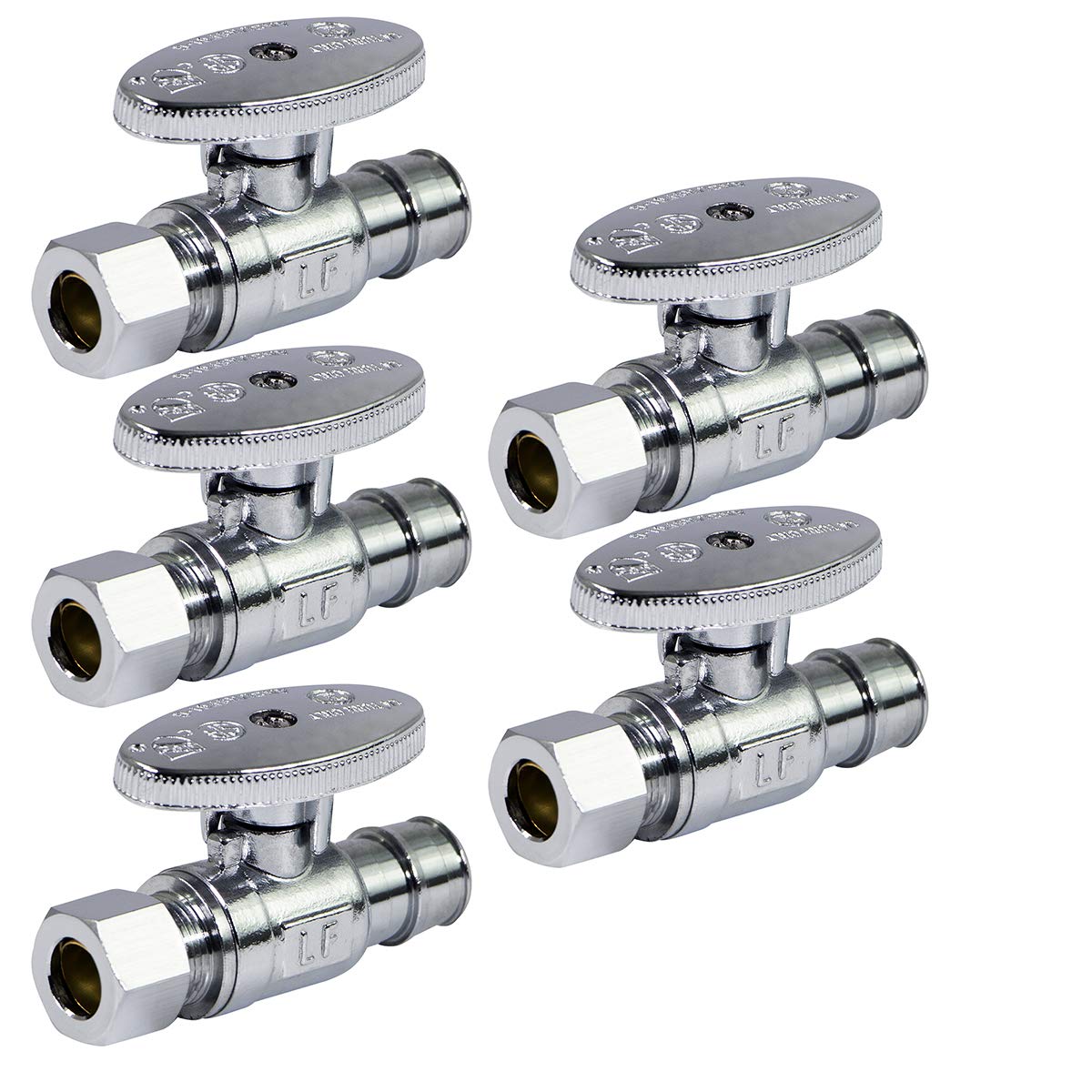 Midline Valve G-82512QS-OM-5 Water Supply Stop Valve with Quarter Turn Wheel; Straight Shut-off for Toilet, Sink, Dishwasher; 1/2 in. PEX A x 3/8 in. COMP; Chrome Plated Brass (5 Pack)