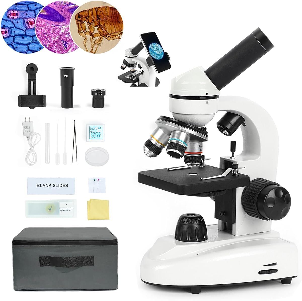 Microscope for Adults Students, 100X-2000X Metal STEM Microscope Kit | Dual LED Illumination, Complete Compound Microscope Kit for School Lab, Homeschool with Slides Set, Phone Adapter & Case Bag