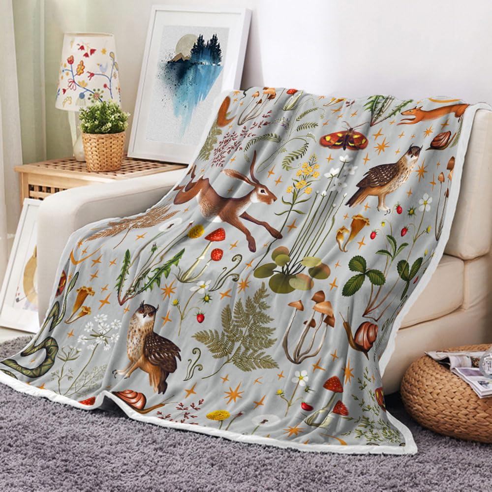 Fairy Rustic Forest Blanket, Country Woodland Wild Animals Butterfly Mushroom Fleece Blanket, Farmhouse Rustic Cabin Lodge Soft Flannel Throw Blanket