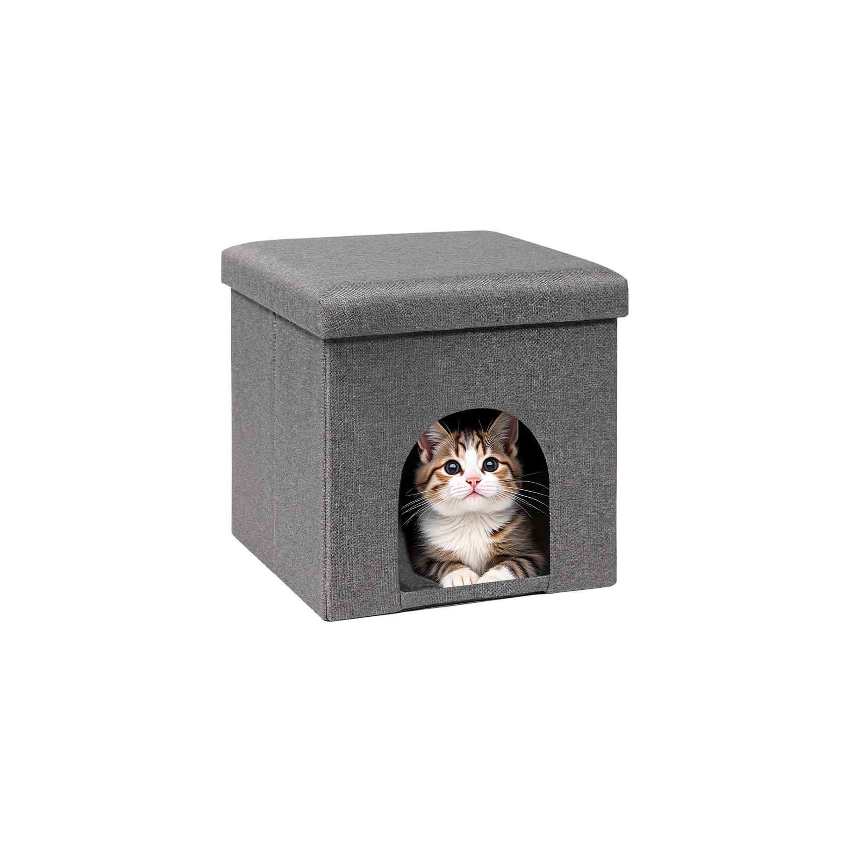 PINPLUS Maison pour Chat avec Coussin, Tabouret Pliable pour Chats, Cube Stable avec Couvercle Amovible, Cachette Confortable pour Dormir et Jouer