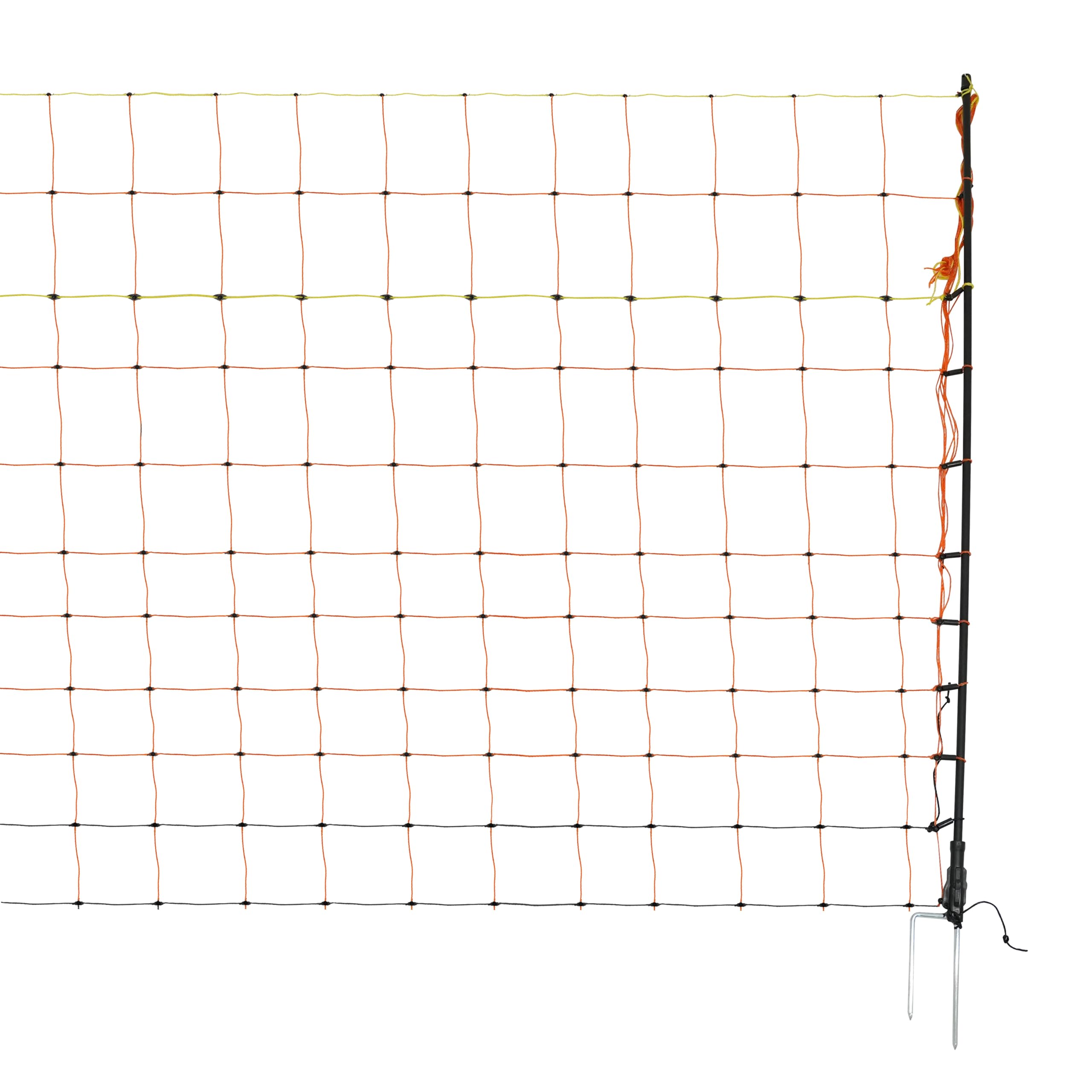Malla Eléctrica para Aves de Corral 50m Conductora | 1.2m de Altura | Polietileno con Alambre de Acero Inoxidable | 14 Estacas Dobles + 10 Estacas de Tierra extra | Kit de Reparación INCLUÍDO