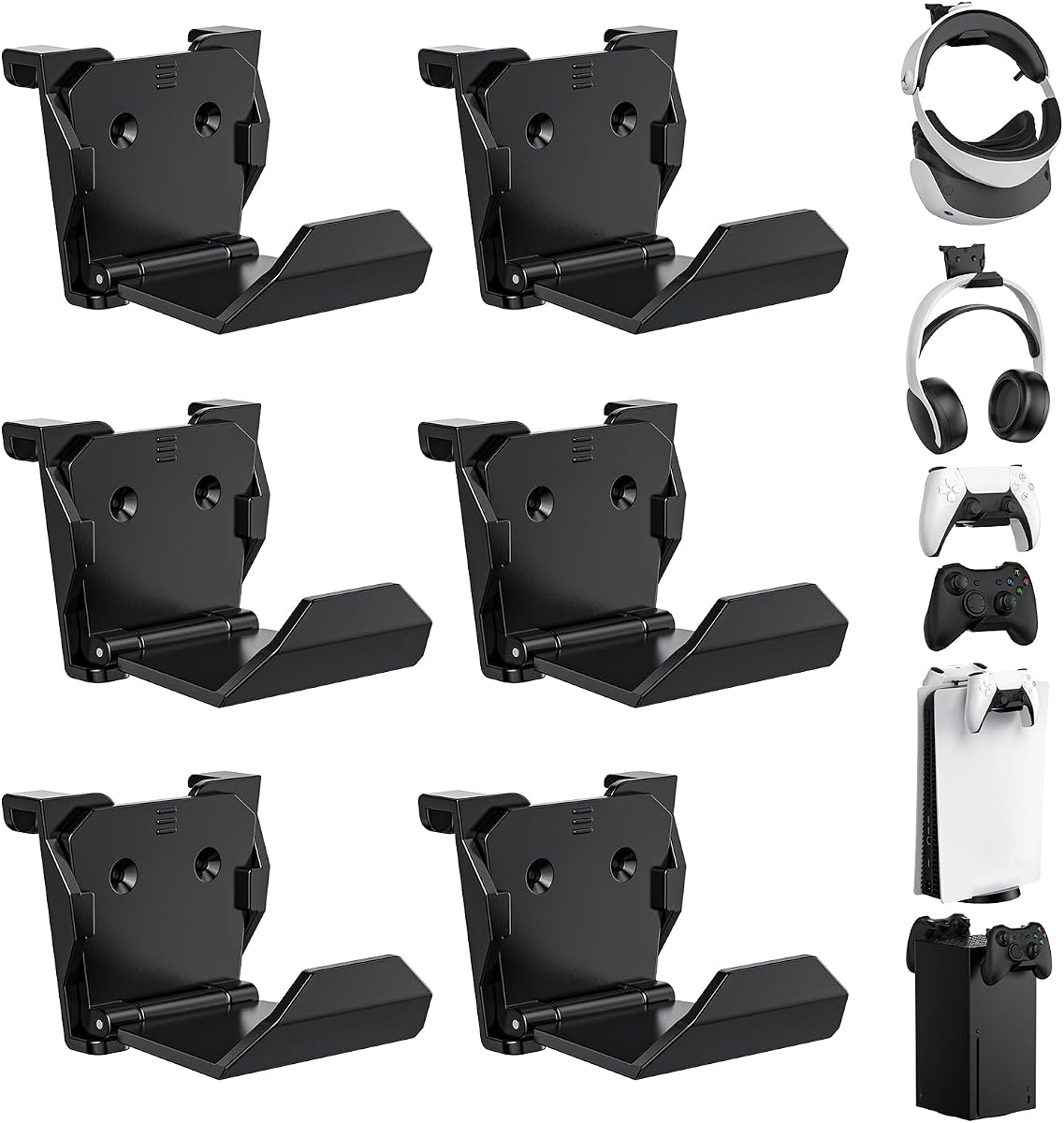 KUNSLUCK 6 Pack Controller Wall Mount – Universal Game Controller Holder for PS5, Xbox, Switch – Adhesive or Screw Installation – Headset & Controller Storage Hook (Black)
