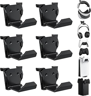 KUNSLUCK 6 Pack Controller Wall Mount – Universal Game Controller Holder for PS5, Xbox, Switch – Adhesive or Screw Installation – Headset & Controller Storage Hook (Black)