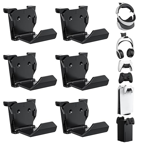 KUNSLUCK 6 Pack Controller Wall Mount – Universal Game Controller Holder for PS5, Xbox, Switch – Adhesive or Screw Installation – Headset & Controller Storage Hook (Black) - 6 Pack - Black