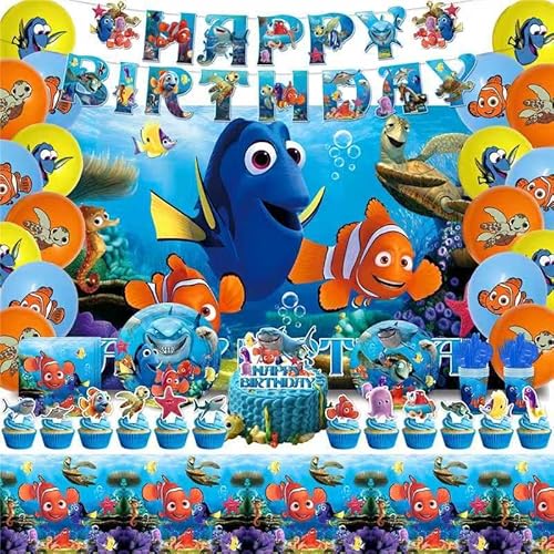42Pack Finding Nemo Party Supplies Pack Includes,Banner,Cake Topper,Blackdrop,Balloons for Finding Nemo party Decoration plates
