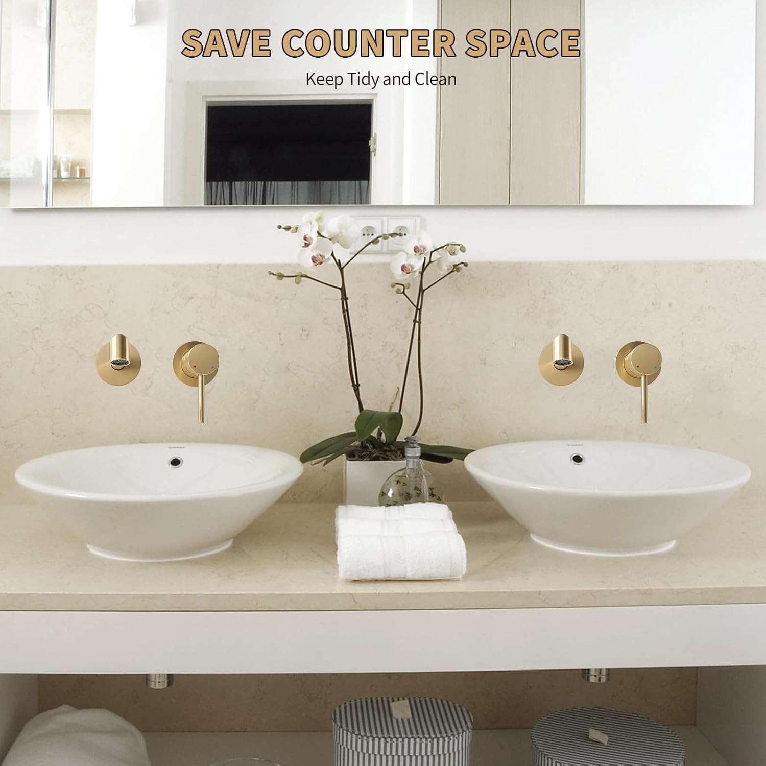 Bathroom Faucets Wall Mount Sink Faucet Single Handle Brass Basin Faucet for Restroom Vanity Lavatory Centerset Wall Mounted Vessel Faucets Modern Tap with Rough in Valve Brushed Gold