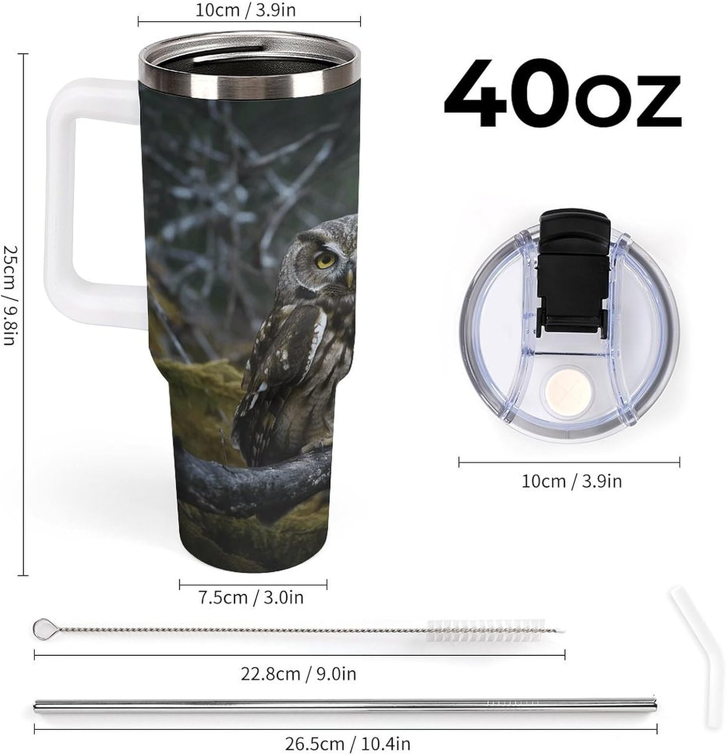 Wild Owl Birds Tumbler 40 Oz with Handle&Lid Large Car Cup Stainless Steel Vacuum Travel Mug Insulated Water Bottle Leak-proof Portable Coffee Cup for Home Car Outdoor