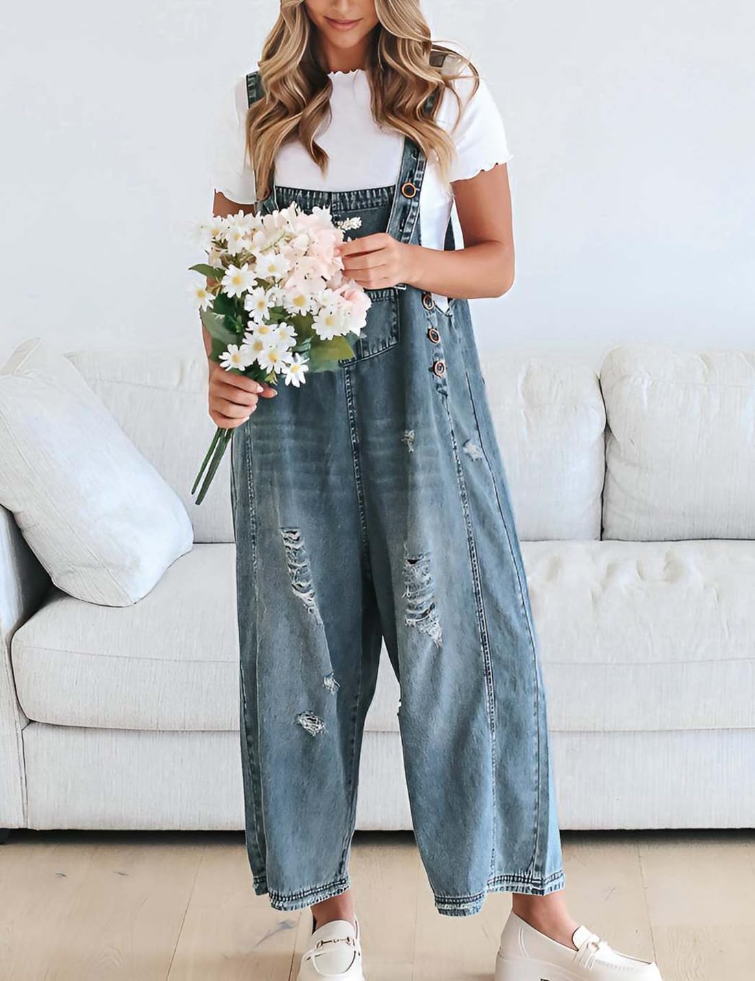 Women's Casual Denim Overalls Loose Bib Vintage Distressed Adjustable Baggy Jumpsuit Romper Harem Pants - Image 2